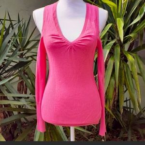 Hot Pink Cold Shoulder V neck Sweater